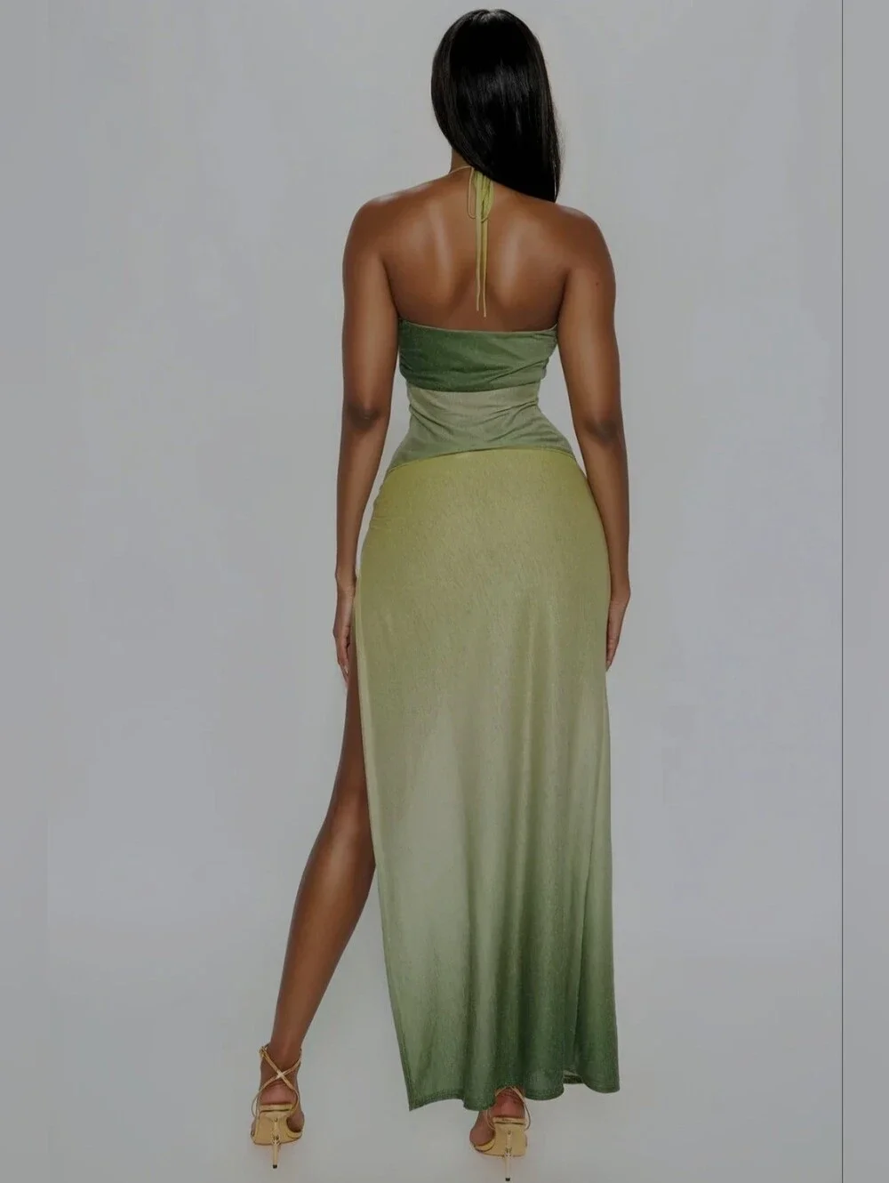 Fashion Nova Olive to Lime Ombre Strapless Handkerchief Maxi Skirt Set